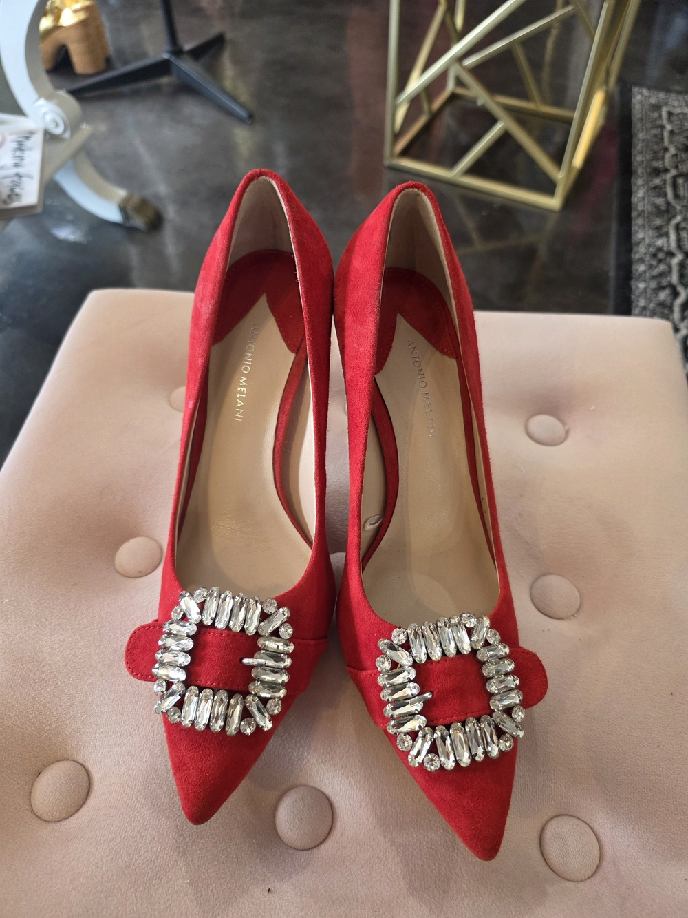 Antonio Melani Red Crystal-Embellished Pointed Toe Pumps